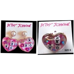BETSEY JOHNSON SET Heart-ShapeD Plaid XOX Dome Ring Size 8 & Earrings NEW NWT